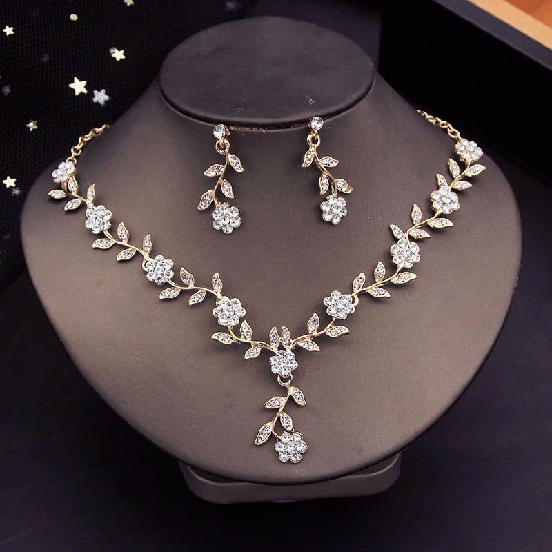 Rhinestone Bride Jewelry Sets for Women Luxury Flower Choker Necklace Earrings Wedding Dress Bridal Necklace Sets Fashion-Gennys fashion