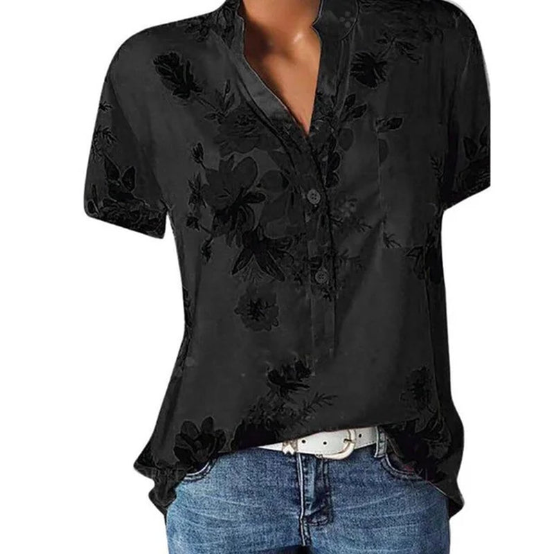 Elegant Women'S Shirt Printing Large Size Casual Shirt Fashion V-Neck Short-Sleeved Shirt Blouse-Gennys fashion