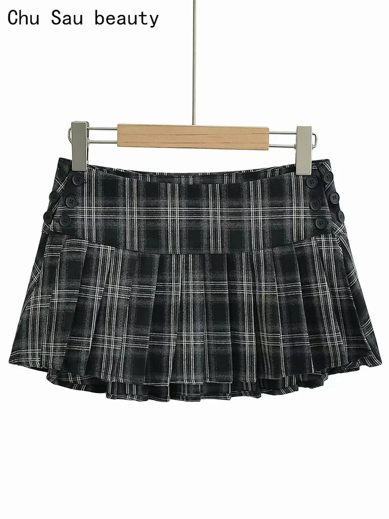 2024 Women New Fashion Preppy Style Plaid Printed Pleated Mini Skirt Hot Sweet Low Waist Sexy Super Short Skirts-Gennys fashion