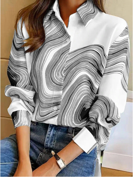 Ink Painting Cotton Linen Long Sleeve Blouse-Gennys fashion