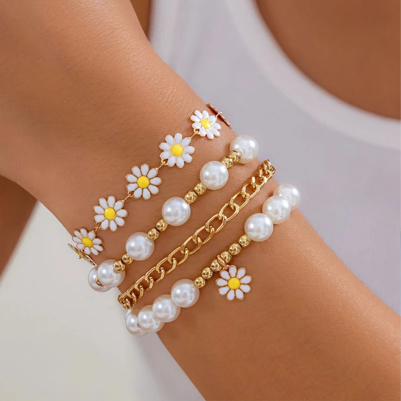 8Pcs Vintage Daisy Flower Pendant Bracelet Set for Women Bohemian Beaded Enamel Star Heart Pearl Bangles Trendy Jewelry Gifts-Gennys fashion