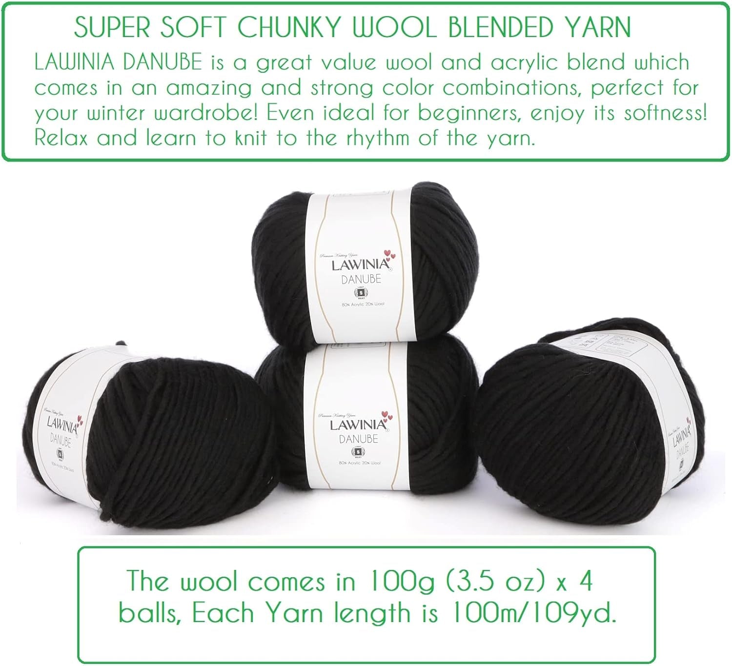 - Danube Super Chunky Wool Yarn,%20 Wool, 80% Acrylic Pack of 4 Each 100G - 100M Ideal for Beginners, Soft Chunky Yarn for Knitting and Crocheting Crafts, Sweater, Blanket, Tassel, Scarf, Hat-Gennys fashion