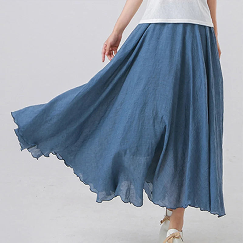 High Quality Cotton Linen Maxi Skirt Womens Casual Elastic High Waist Pleated A-Line Beach Skirts Boho Saia Feminina Faldas Jupe-Gennys fashion