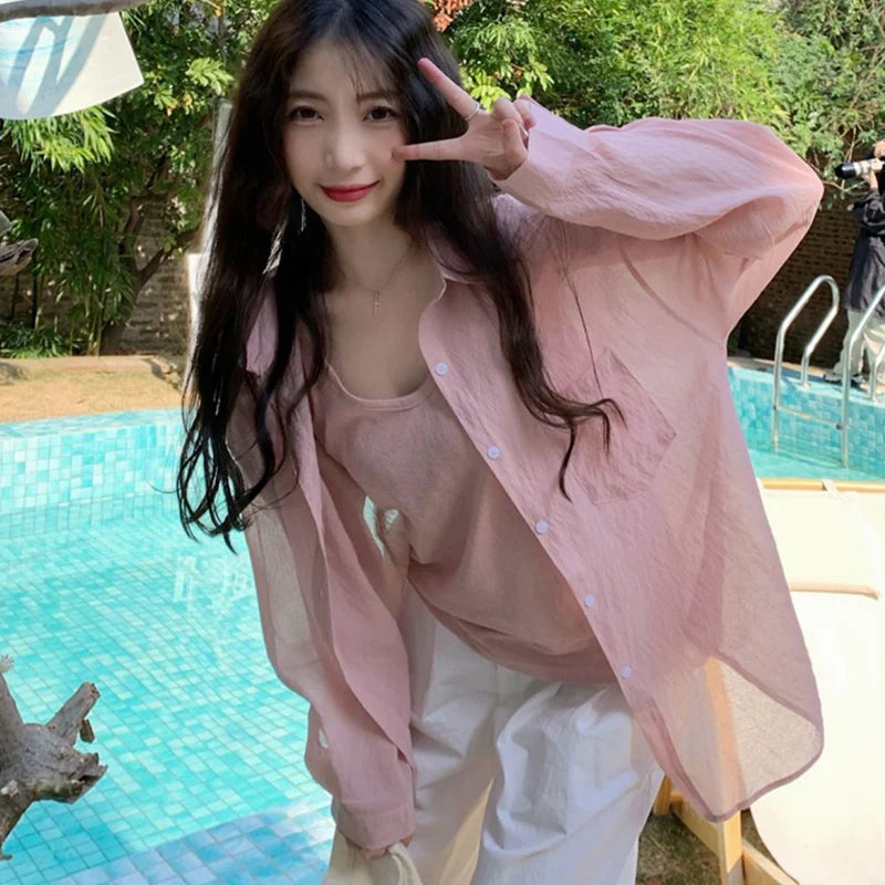 Sun-Proof Thin Summer Shirt Women Simple Solid Color Long Sleeve Blouse Woman 2024 Korean Style Loose Basic Shirts Female-Gennys fashion