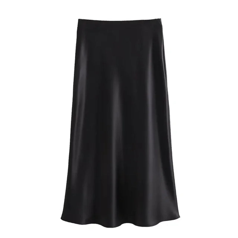 Women Fashion Satin Solid Pleated Midi Skirt Vintage Mid Elastic Waist Female Chic Lady Skirts-Gennys fashion