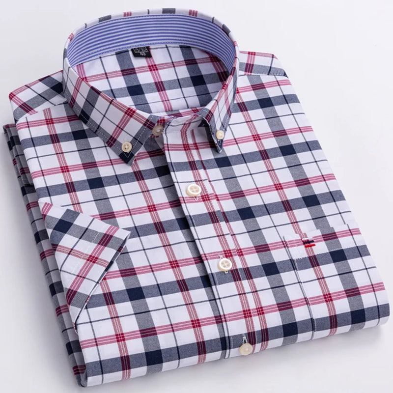 Men'S Fashion Versatile Short Sleeve Oxford Shirt Single Chest Pocket Regular-Fit Comfortable Cotton Plaid Striped Casual Shirts-Gennys fashion