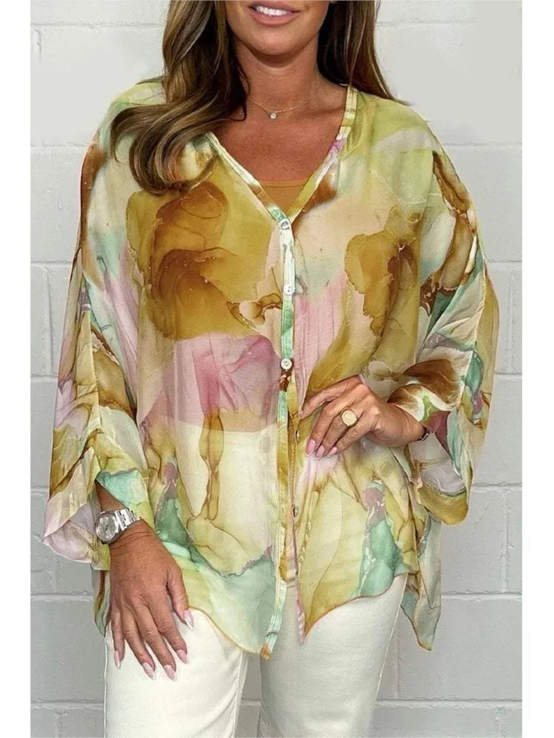 Chiffon Shirt Women 2024 Summer V- Neck Flare Sleeve Thin Top Women Casual Loose Colorful Print Single Breasted Blouse Chemise-Gennys fashion