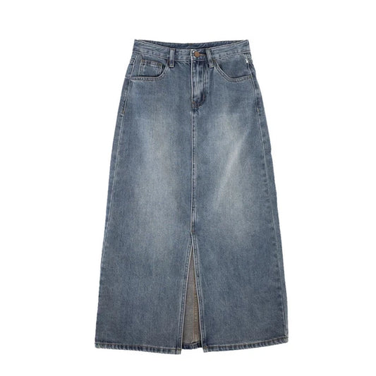 Retro High-Waisted Split Denim Skirt