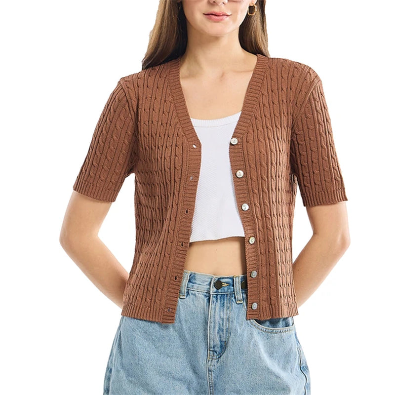 Summer Thin Cardigan for Women Solid Cropped Cardigans Button V Neck Short Sleeve Knitted Tops Brown Slim Sweater Spring 2024-Gennys fashion