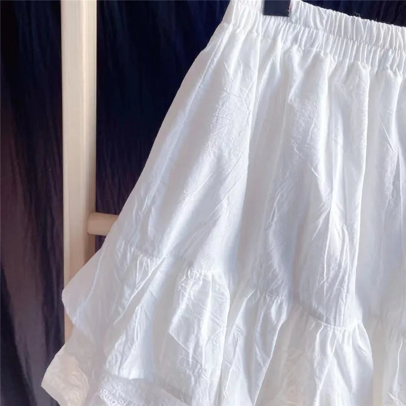 Ruffles Lace Patchwork Cotton White Mini Skirt High Waist A-Line Skirts for Women 2024 Summer-Gennys fashion