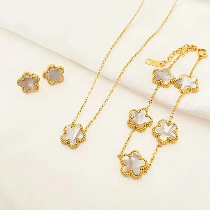 1/3Pcs 18K Gold Plated Five Leave Necklace Bracelet Earring Studs Set, Fashion Colorful Shell Double Sides Deco Brackelt Jewelry-Gennys fashion