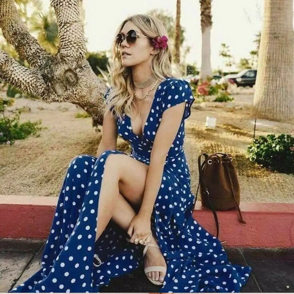 Summer Ladies Long Split Dress Polka Dot Beach Dress Maxi Dress Women Evening Party Dress Floor-Length Beach Hobo Sundress-Gennys fashion