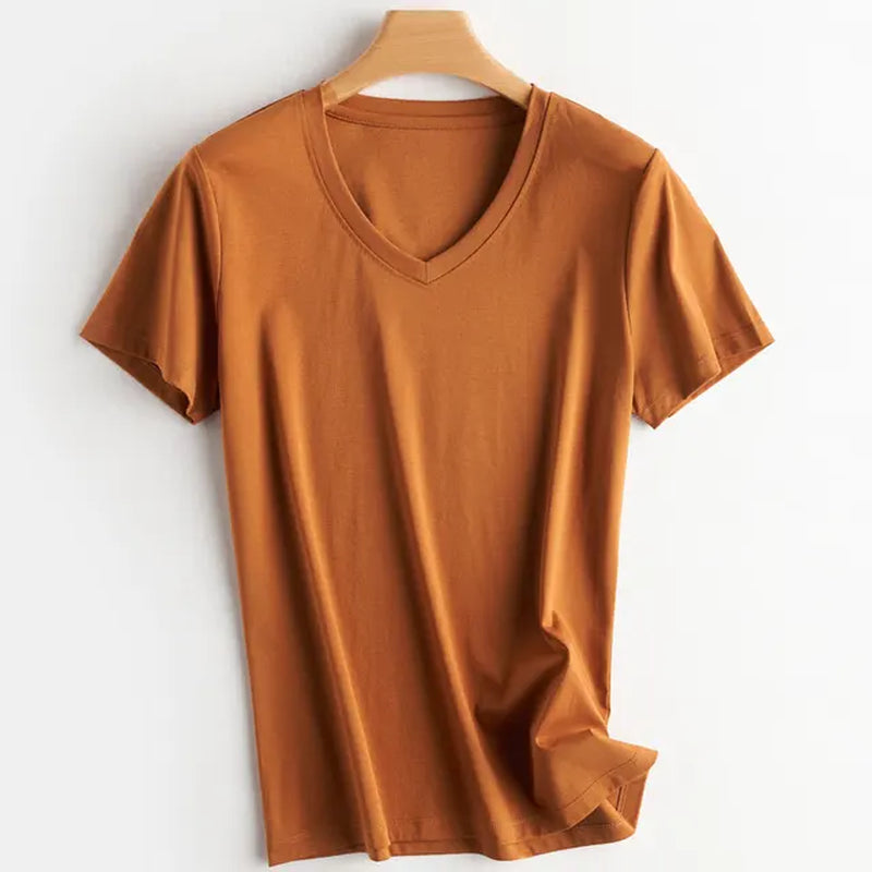 Summer 100% Mercerized Cotton Women Silk T-Shirts O Neck Short Sleeve Loose Straight Tops Simple Casual Tees for Minimalist 2023-Gennys fashion