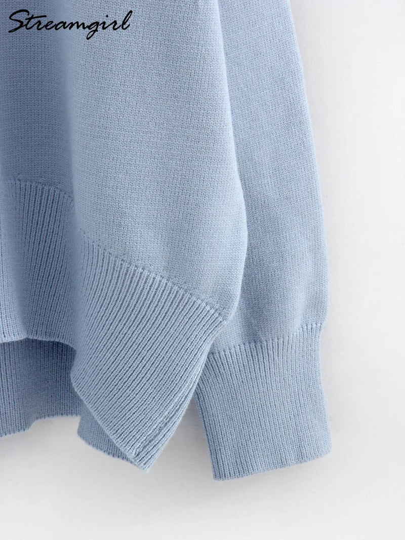 Basic Sweaters for Women Oversize O Neck Knitted Pullovers Autumn Winter Loose Tops Women'S Jumper Light Blue Sweaters Oversized-Gennys fashion