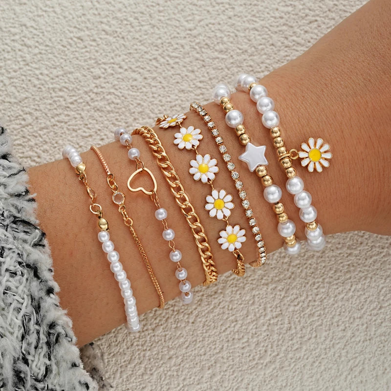 8Pcs Vintage Daisy Flower Pendant Bracelet Set for Women Bohemian Beaded Enamel Star Heart Pearl Bangles Trendy Jewelry Gifts-Gennys fashion