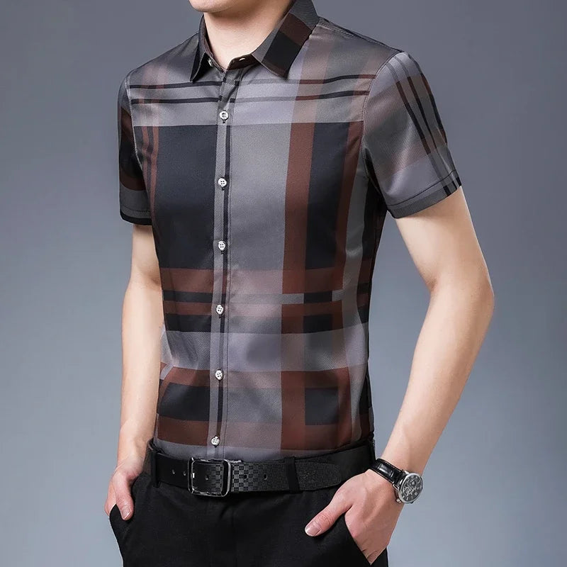 Men'S Striped Business Casual Short Sleeved Shirt Wrinkle Resistant and Non Ironing Comfortable Top-Gennys fashion