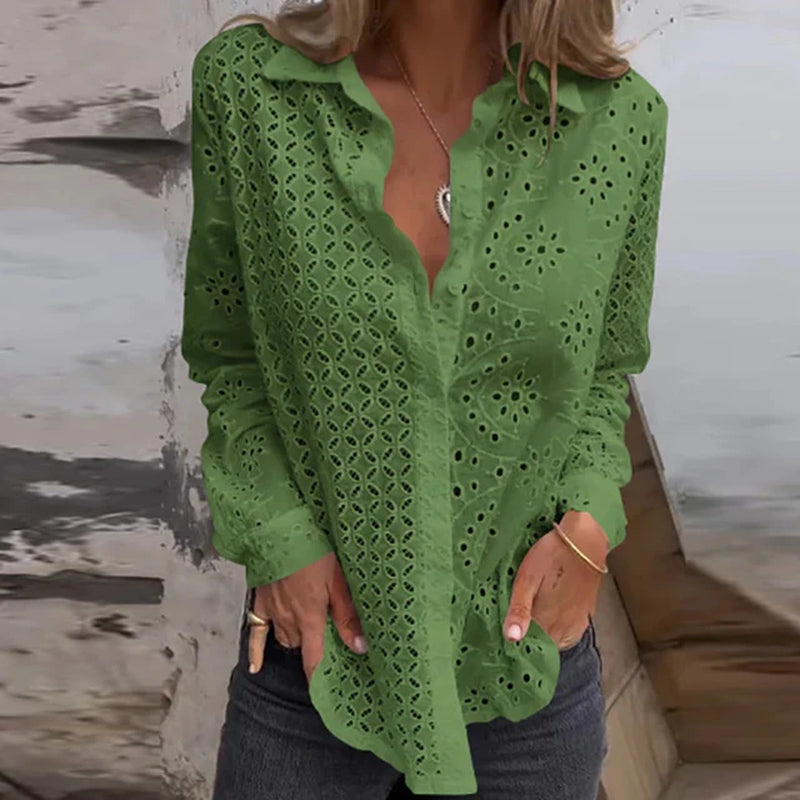 Sexy Hollow Out Embroidery Crochet Blouses Women Spring Solid Long Sleeve Jacquard Top Summer Loose Single Breasted Lapel Shirt-Gennys fashion