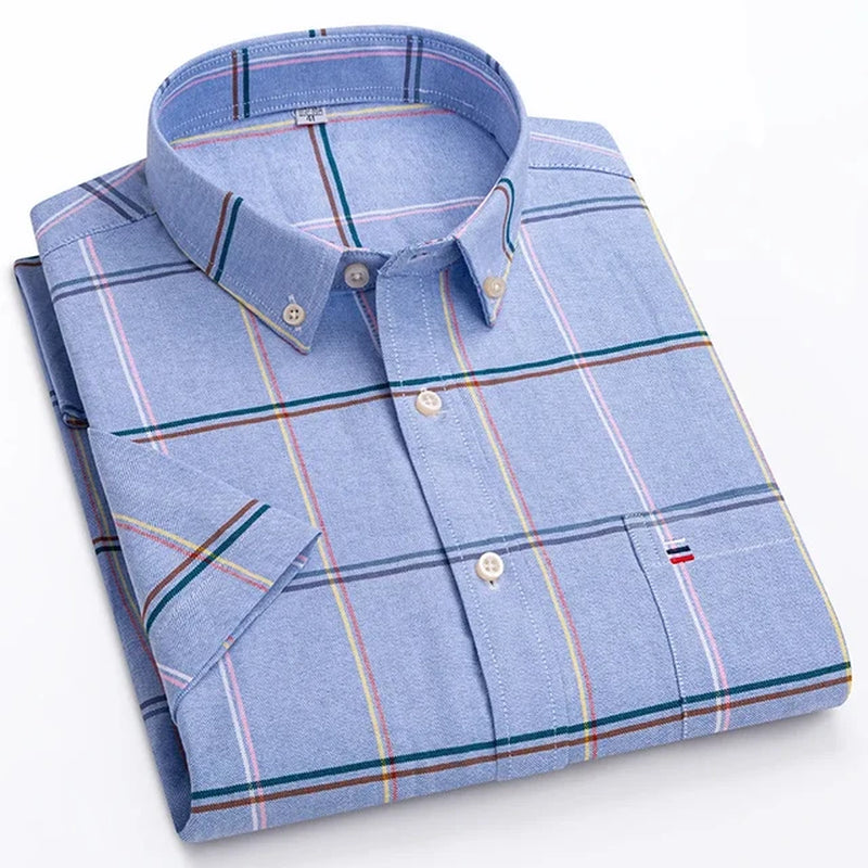 Men'S High-Quality Oxford Cotton Short Sleeved Shirt for Summer Comfort Breathable Classic Solid Color Plaid Business Leisure-Gennys fashion