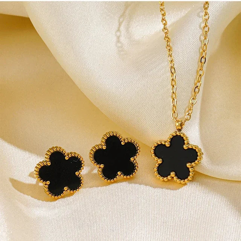 Lucky Five-Petal Flower Clover Earrings Necklace Ring Bracelet Four-Piece Set for Woman Fashionable Accessories Party Jewelry-Gennys fashion