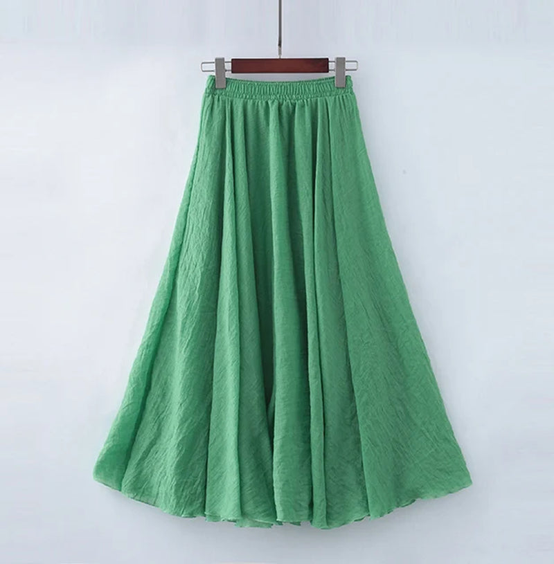 High Quality Cotton Linen Maxi Skirt Womens Casual Elastic High Waist Pleated A-Line Beach Skirts Boho Saia Feminina Faldas Jupe-Gennys fashion