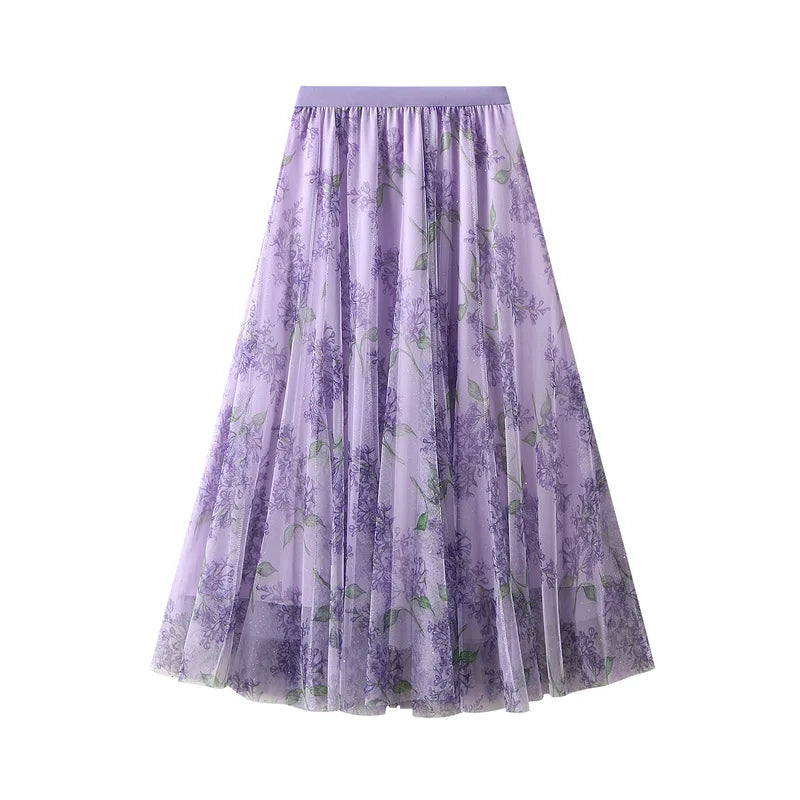 Gentle Long Skirt Girl Pink Print High Waist A-Line Half Skirt Temperament Mesh Sparkling Sparkling Flowing Skirt-Gennys fashion