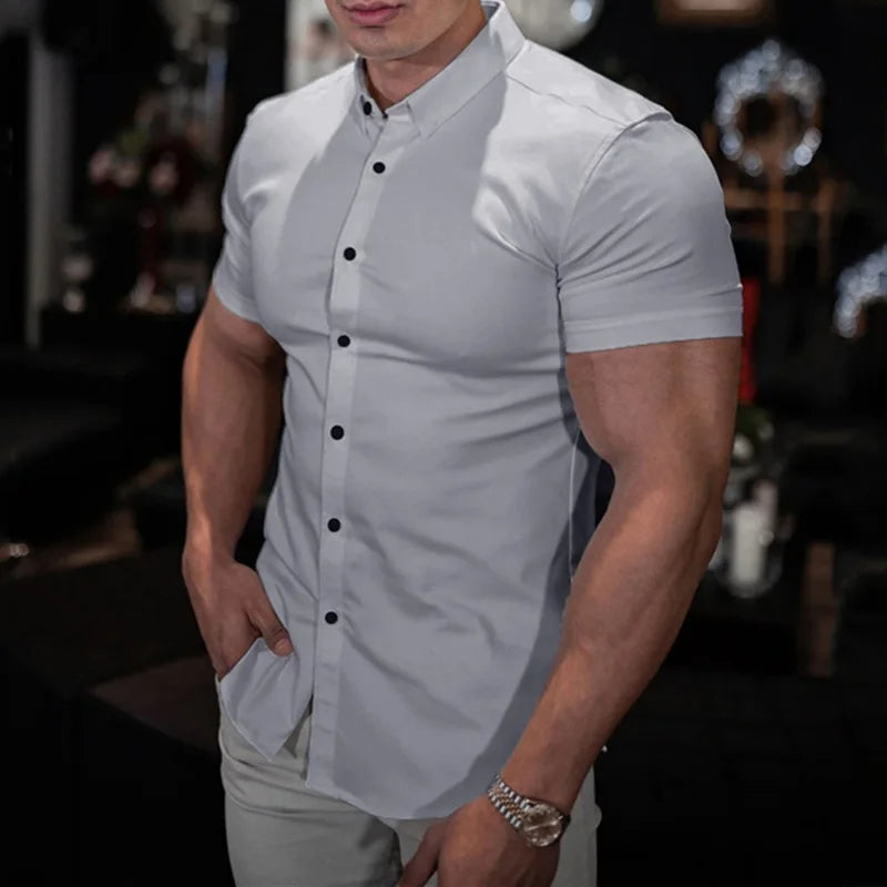 New Summer Fitness Solid Color Sports Single Breasted Casual Cardigan Business Shirt Short Sleeve Lapel Shirt Elastic Thin Men-Gennys fashion