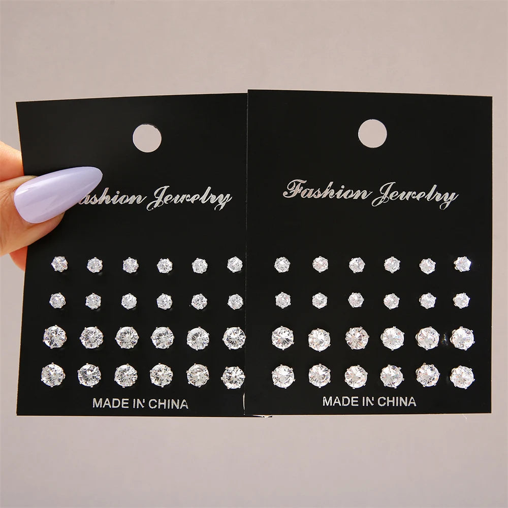 Maximum 36 Pairs Shiny Zircon Stud Earrings Set for Women Men Daily Versatile Chic Silver Color Crystal Ear Jewelry Accessories-Gennys fashion