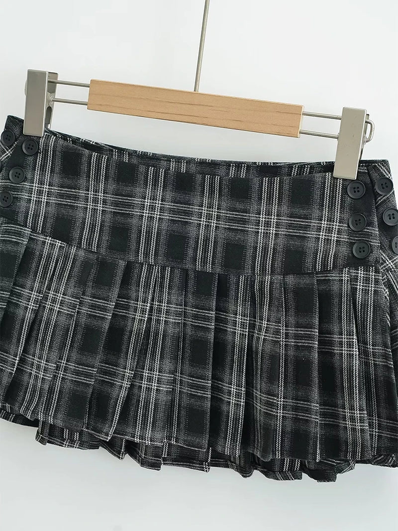 2024 Women New Fashion Preppy Style Plaid Printed Pleated Mini Skirt Hot Sweet Low Waist Sexy Super Short Skirts-Gennys fashion