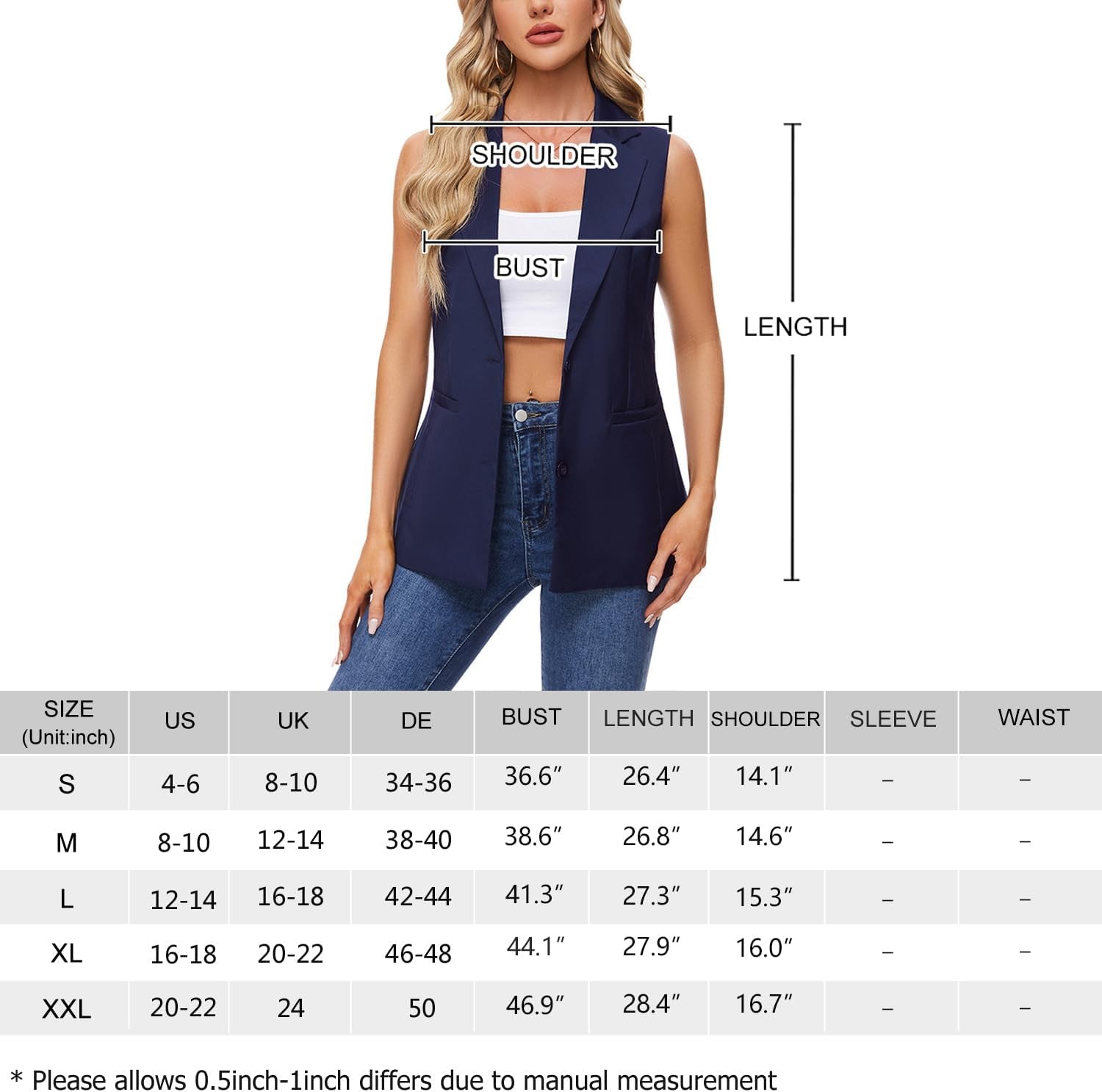 Sleeveless Blazer for Women Notch Lapel Waistcoat Vest Loose Jacket Casual Outerwear with Buttons Pockets-Gennys fashion