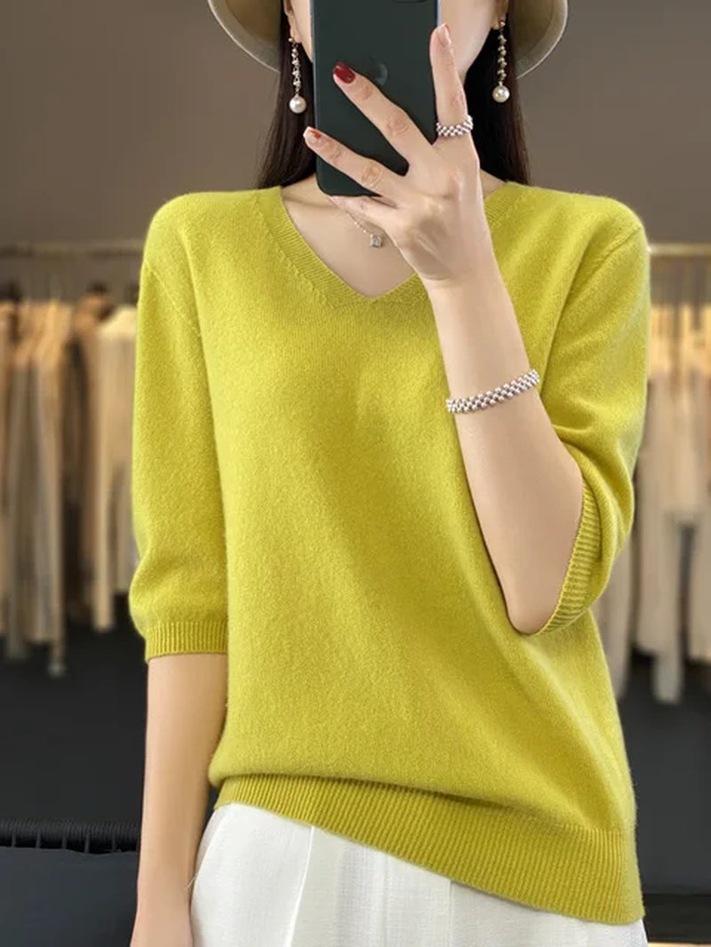 Short Sleeve Women Knitted Sweaters 100% Pure Merino Wool Cashmere Spring Fashion V-Neck Top Pullover Clothing-Gennys fashion