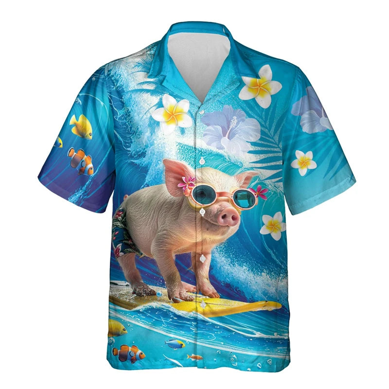 Funny Animal Pig 3D Printed Beach Shirt Cute Pet Graphic Shirts for Men Clothes Casual Hawaiian Surfing Short Sleeve Boy Blouses-Gennys fashion