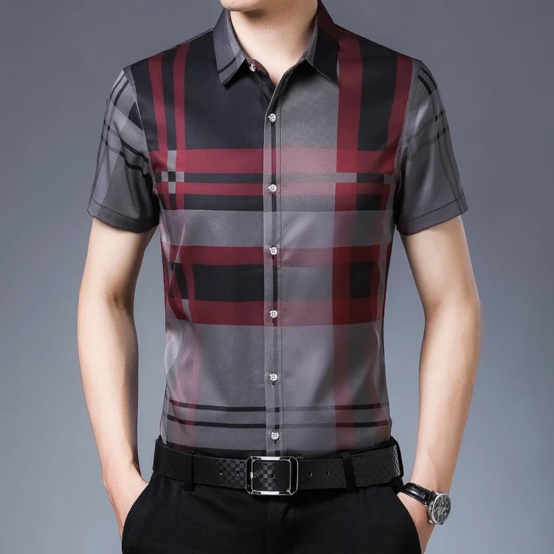 Men'S Striped Business Casual Short Sleeved Shirt Wrinkle Resistant and Non Ironing Comfortable Top-Gennys fashion