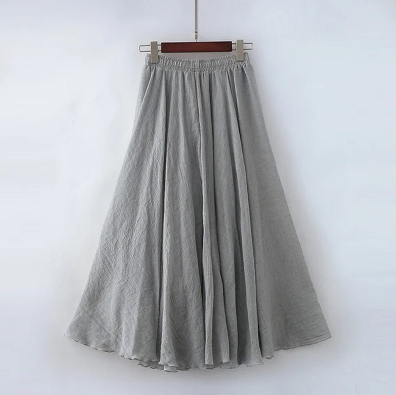 High Quality Cotton Linen Maxi Skirt Womens Casual Elastic High Waist Pleated A-Line Beach Skirts Boho Saia Feminina Faldas Jupe-Gennys fashion