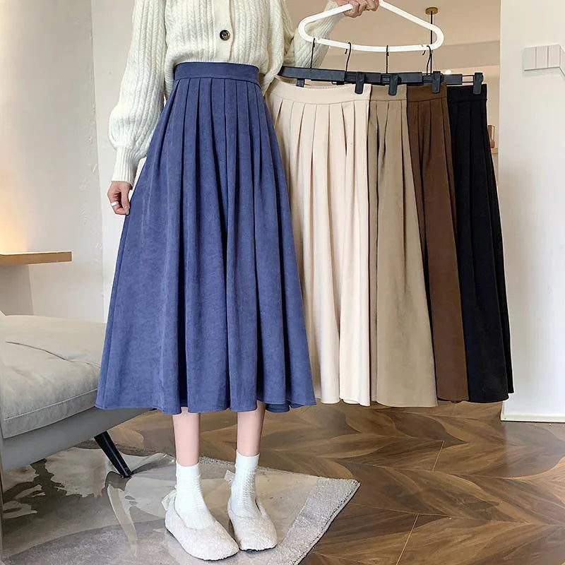 Vintage Brown High Waist Pleated Skirt Women Korean Fashion College Style Long Skirt Ladies Autumn Casual a Line Skirts-Gennys fashion