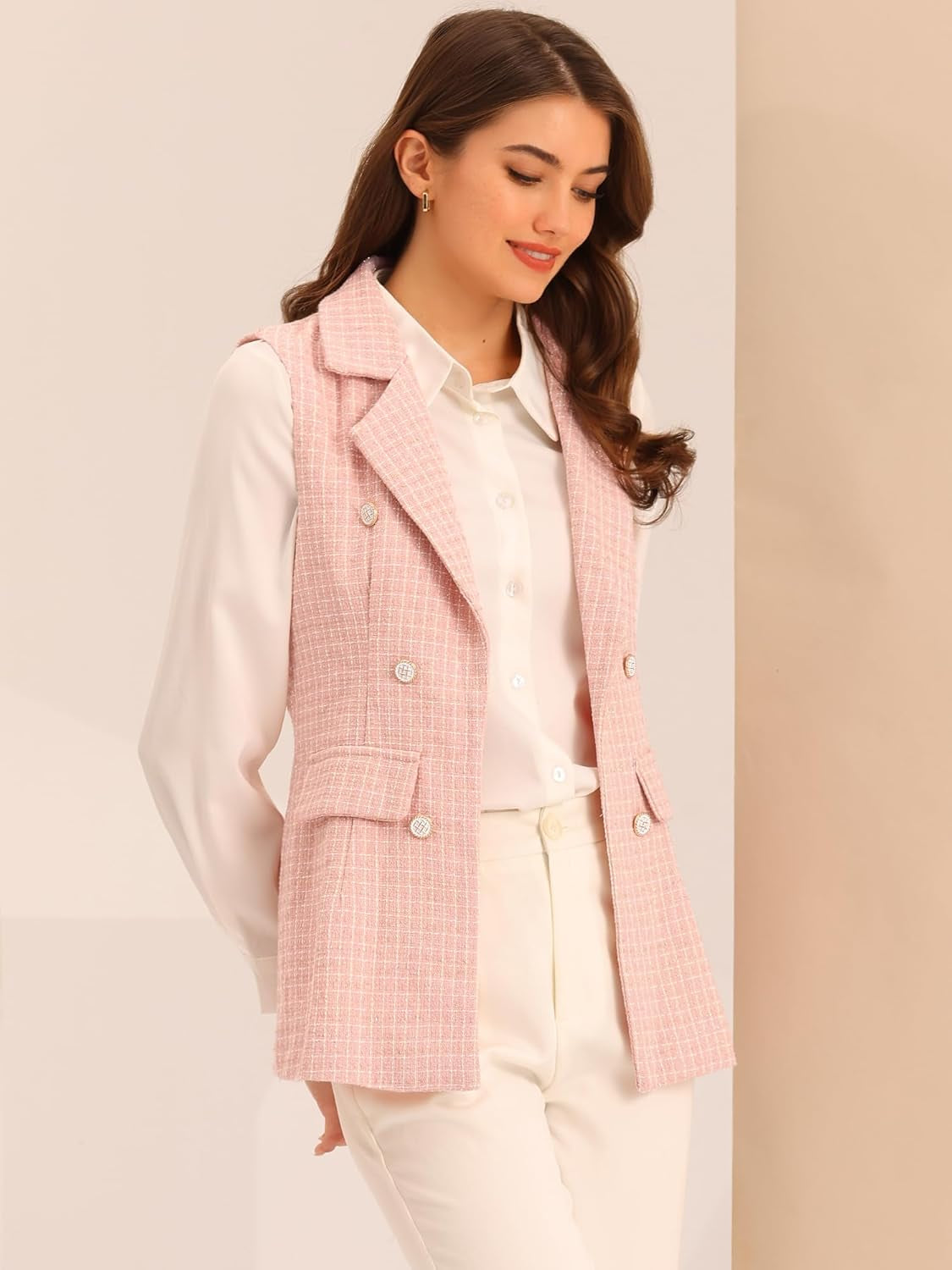 Women'S Plaid Tweed Lapel Open Front Sleeveless Blazer Vest Jacket with Pockets-Gennys fashion