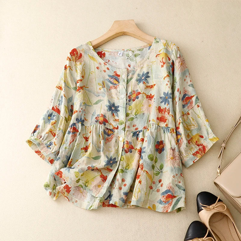 Apricot Floral Printing Vintage Linen O-Neck Short Sleeve Single Breasted Women'S Blouse Shirt Female Clothing Tops 2024 Spring-Gennys fashion