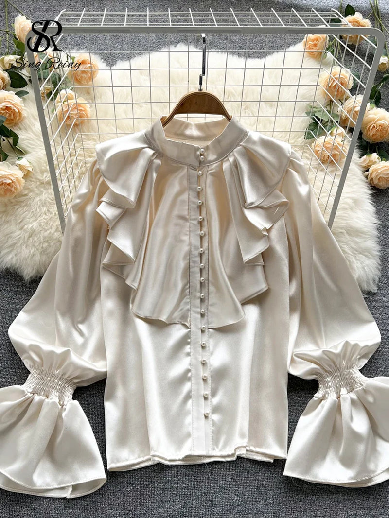 SINGREINY High Quality Satin Loose Shirt Long Flared Sleeves Ruffles O Neck Beading Women Gentle Office Lady Casual Blouse-Gennys fashion