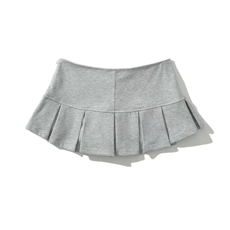 New Women'S Terry Fabric Low Waist Y2K Mini Skirt Wide Pleat Decoration Light Grey Flounce a Line Skort Hot Sweet-Gennys fashion