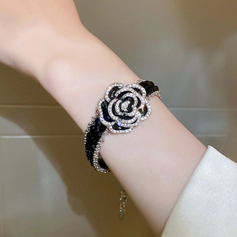 Fashion Camellia Flower Bracelet for Women Black Crystal Chain Bracelets Weddings Party Bangles 2024 New in Charms Jewelry Sets-Gennys fashion