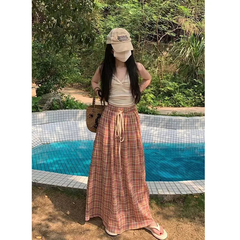 Vintage Y2K Plaid Skirts Women Harajuku Streetwear Drawstring Long Skirt Woman Summer Elastic High Waist A-Line Skirts-Gennys fashion