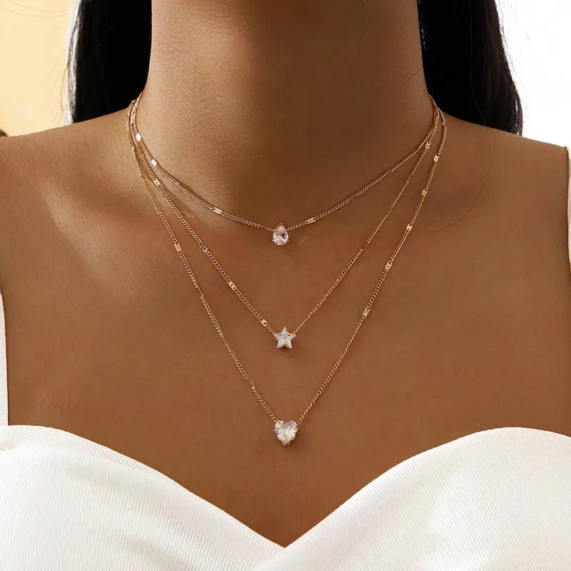 Crystal Zircon Heart Star Charm Layered Pendant Necklace Set for Women Charms Fashion Square Rhinestone Female Vintage Jewelry-Gennys fashion