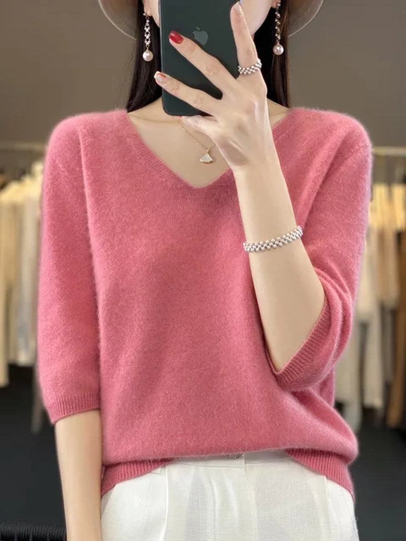 Short Sleeve Women Knitted Sweaters 100% Pure Merino Wool Cashmere Spring Fashion V-Neck Top Pullover Clothing-Gennys fashion