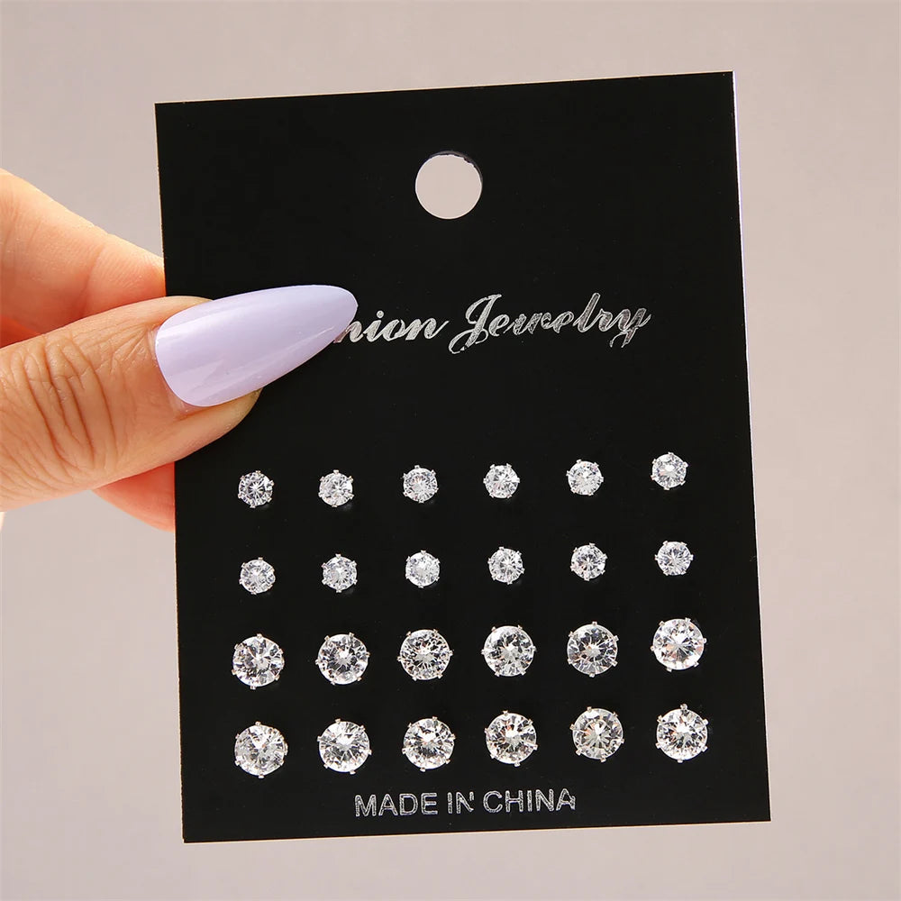 Maximum 36 Pairs Shiny Zircon Stud Earrings Set for Women Men Daily Versatile Chic Silver Color Crystal Ear Jewelry Accessories-Gennys fashion