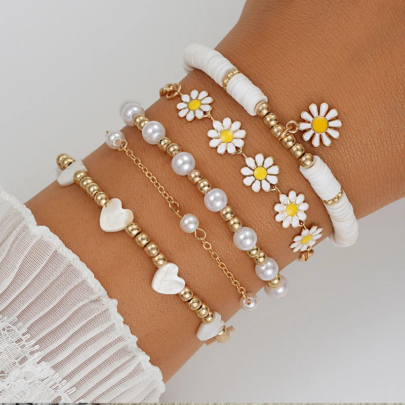 8Pcs Vintage Daisy Flower Pendant Bracelet Set for Women Bohemian Beaded Enamel Star Heart Pearl Bangles Trendy Jewelry Gifts-Gennys fashion