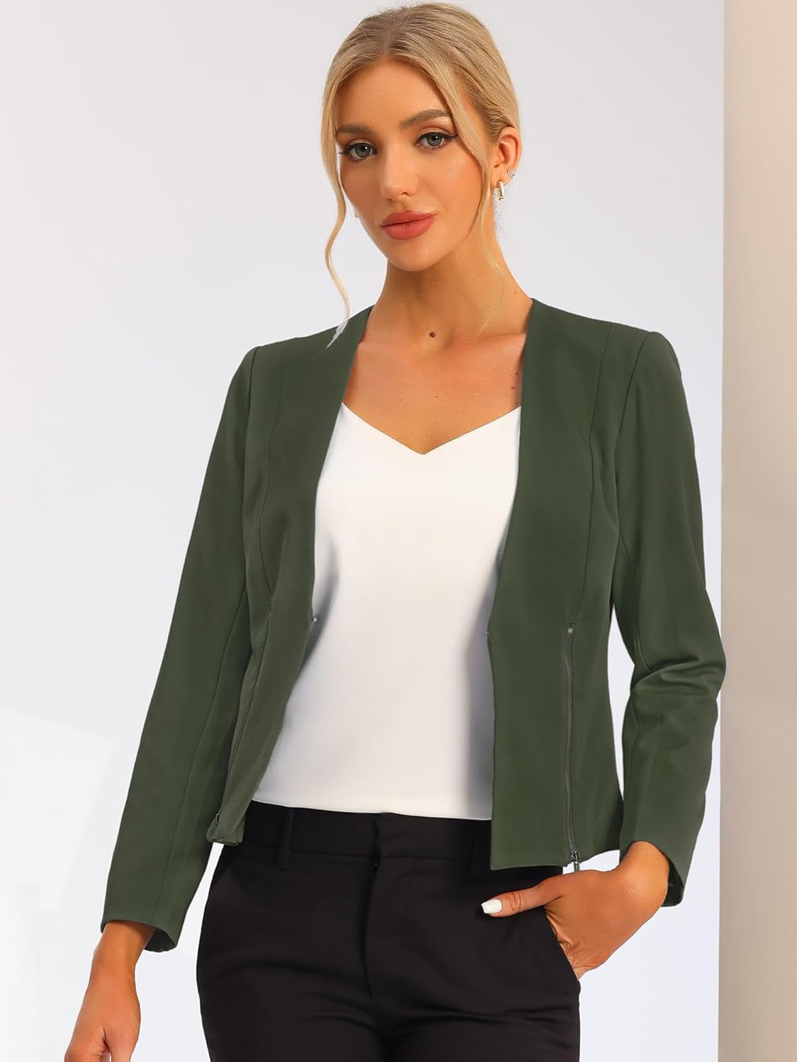 Women'S Crop Collarless Blazers Suit Zip Decor Work Office Jackets Blazer-Gennys fashion