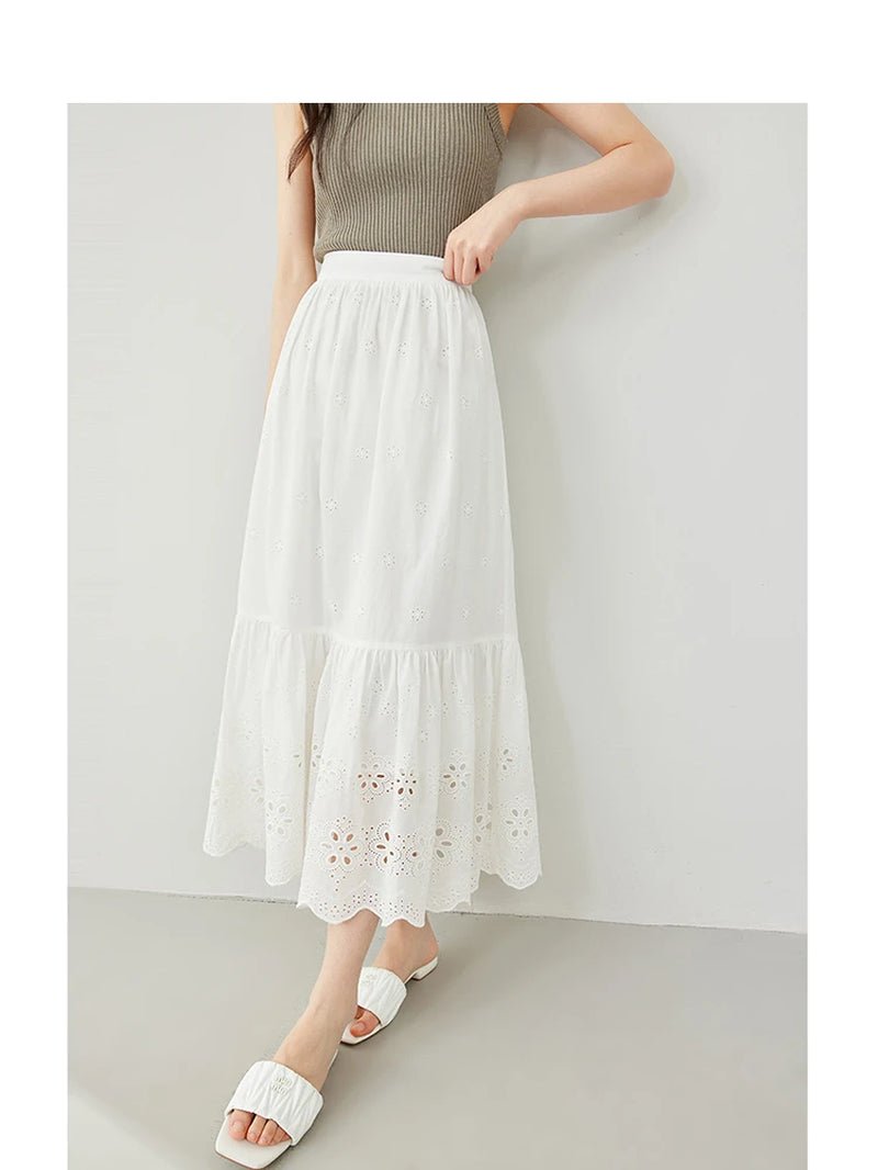 Cotton 100% White Skirt Women 2024 Spring French Style Elastic Waist Hollow Out A-Line Swing Skirts Woman'S Clothing M5958-Gennys fashion