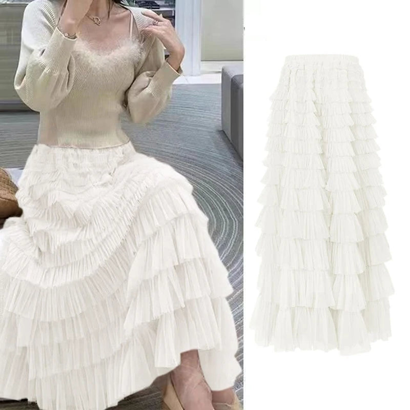 Summer Spring Women’S Multilayer Ruffles Tulle Skirt Pleated High Waist Fluffy Maxi Skirt Fairy Cake Dress Long Tutu Party Skirt-Gennys fashion