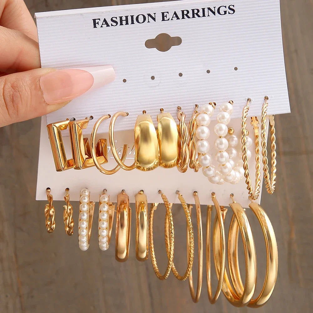 Boho Big Circle Hoop Earring Set for Women, Gold Color Bohemia Vintage Pearl Earring Heart Zircon Ear Studs Jewelry Gifts-Gennys fashion