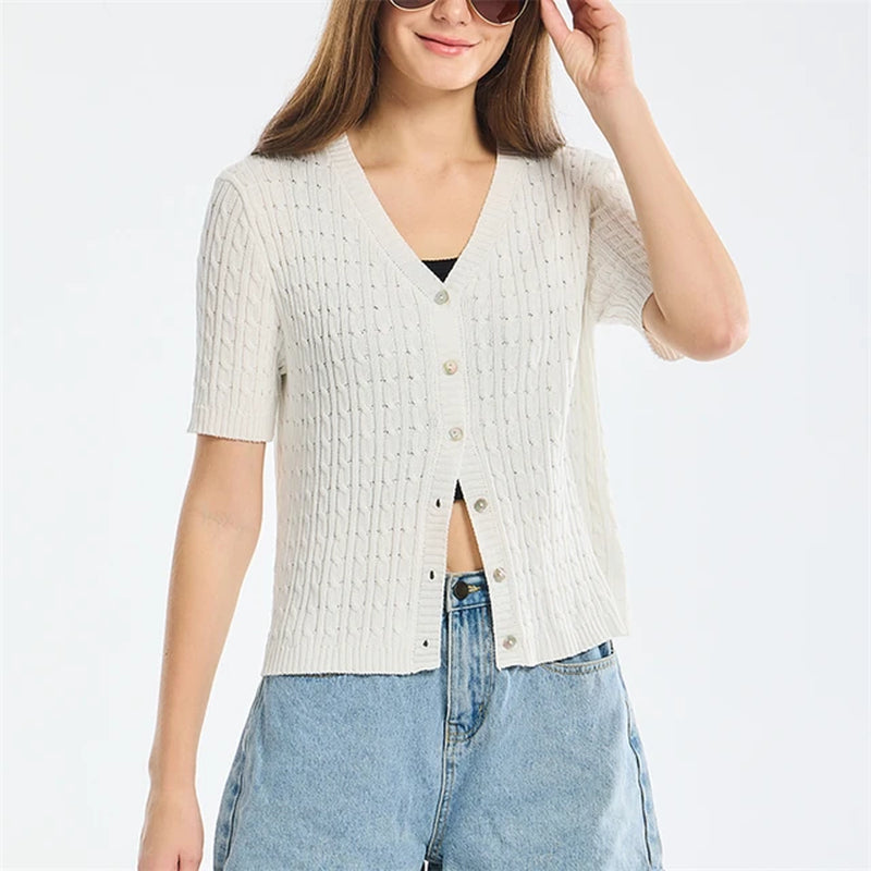 Summer Thin Cardigan for Women Solid Cropped Cardigans Button V Neck Short Sleeve Knitted Tops Brown Slim Sweater Spring 2024-Gennys fashion