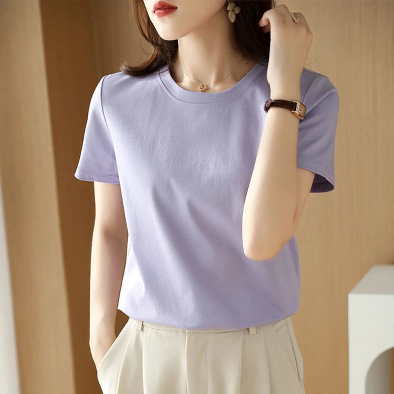 Summer 100% Mercerized Cotton Women Silk T-Shirts O Neck Short Sleeve Loose Straight Tops Simple Casual Tees for Minimalist 2023-Gennys fashion